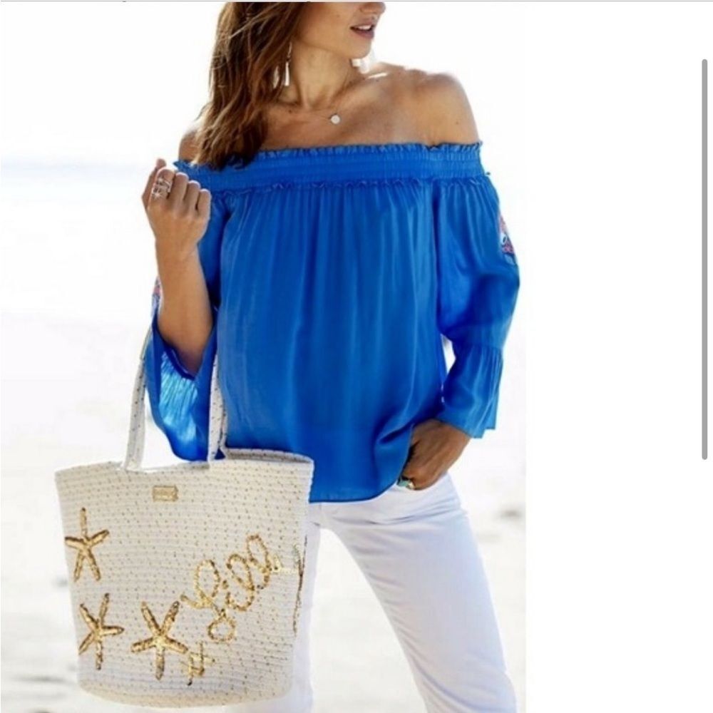 Lilly Pulitzer Bennet Blue Moira Off Shoulder Embroidered Blouse XXS